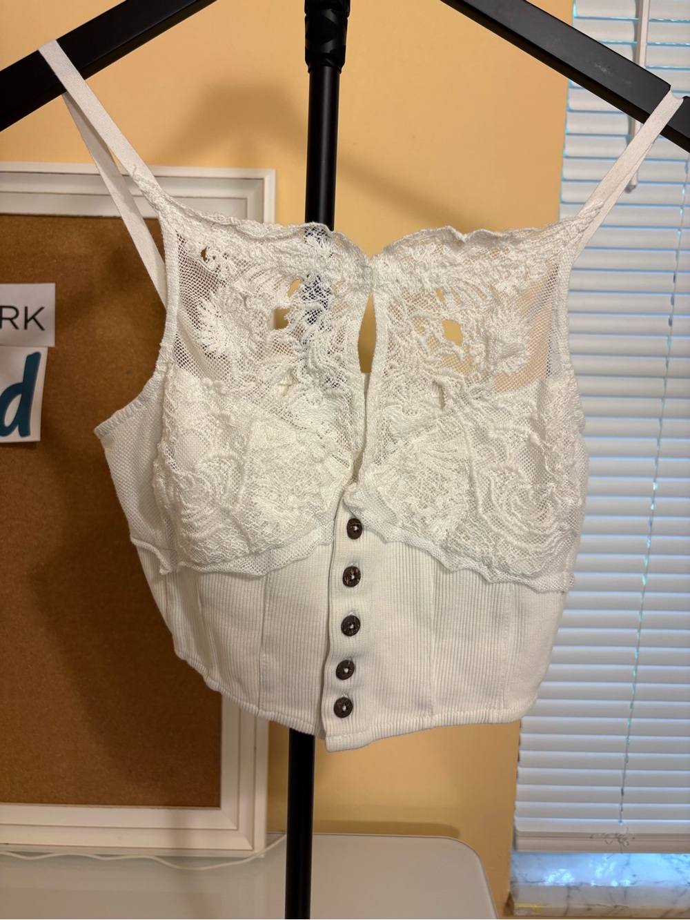 Free People White Lace-Trim Ribbed Button Crop Camisole